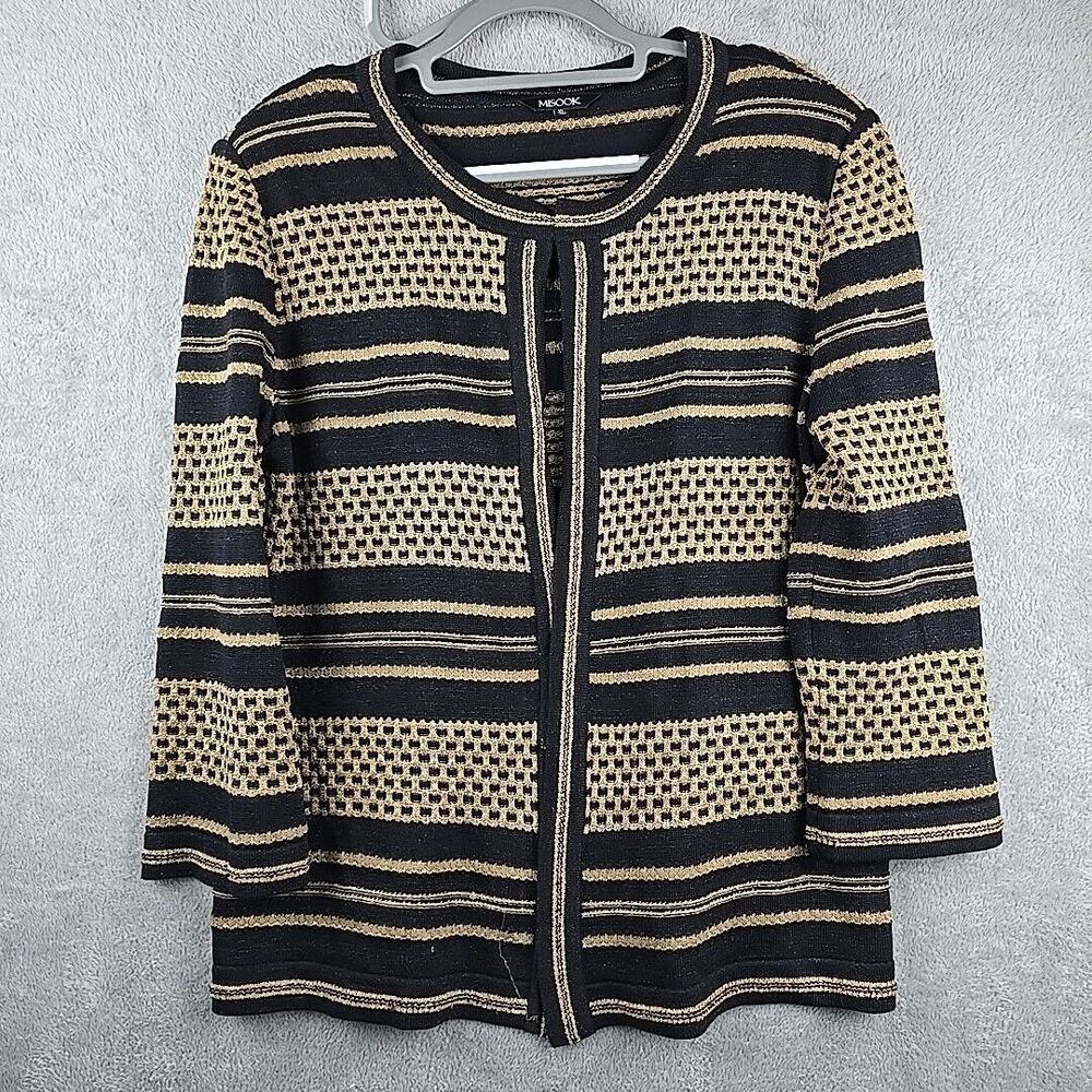 Misook Embroidered Trim Open Front Cardigan Womens‎ Size XL Black Gold